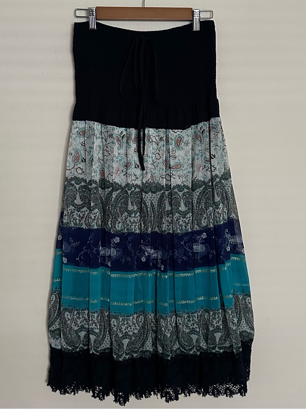TERIA YABAR Strapless Boho Midi Dress in Navy and Teal Paisley - Picture 4 of 14